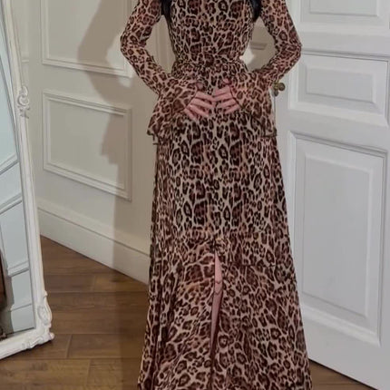 Onbely robe de soirée longue en mousseline à imprimé léopard manches évasées et col carré pour un mariage femme cérémonie