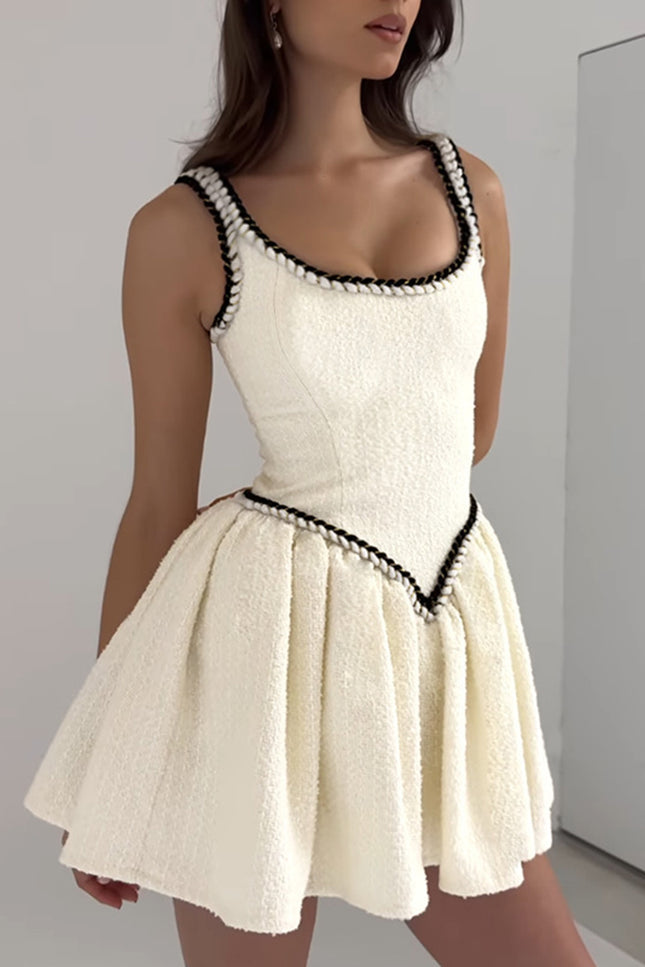 Onbely Robe vintage mini en tweed sans manches bouffante à taille haute