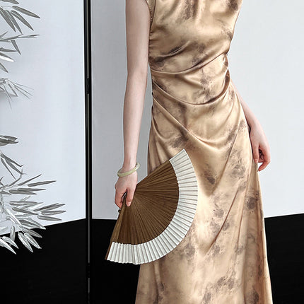 Onbely Cheongsam Qipao Satin Dorée Élégant Sans Manches