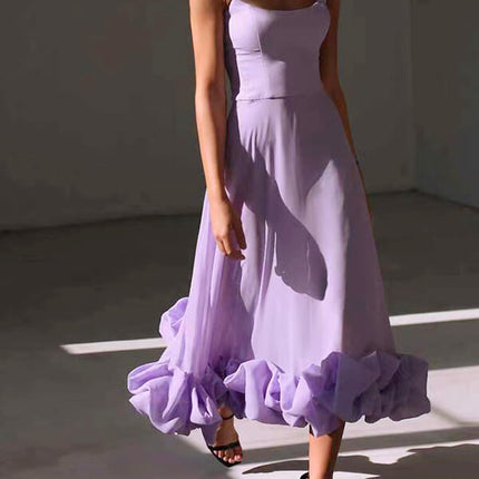 Onbely robe longue bustier à fines brides avec volants, élégante et douce pour cocktail et bal de promo