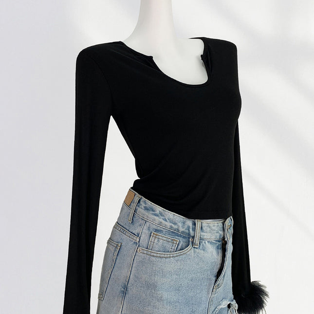 Onbely Haut Mode pour Femme avec Plumes et Manches Longues en Coton et Polyester