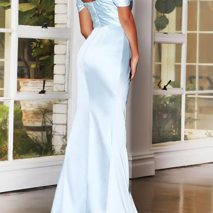 Onbely robe de soirée longue satin moulante unicolore fendu le côté col bateau