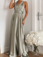 ONBELY Gray V-Neck Backless Long Evening Dress