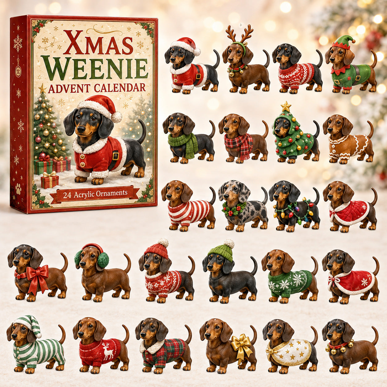 Xmas Weenie Advent Calendar 2026 - 24-Day Festive Countdown, Acrylic Charms Blind Box - Gift For Dachshund Lovers