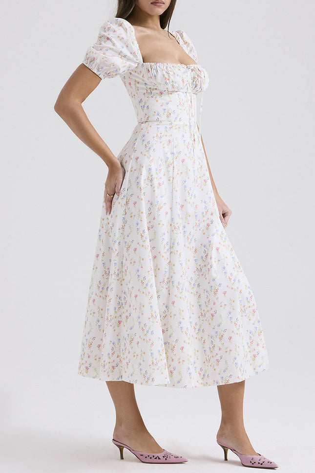 Onbely robe de soirée longue blanche à imprimé fleuri col carré et manches bouffantes pour ou mariage