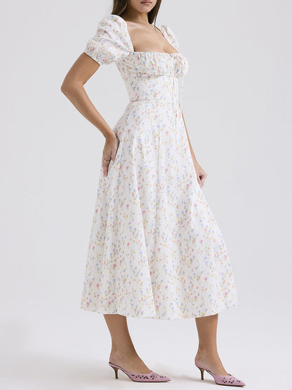 Onbely robe de soirée longue blanche à imprimé fleuri col carré et manches bouffantes pour ou mariage