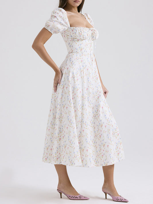 Onbely robe de soirée longue blanche à imprimé fleuri col carré et manches bouffantes pour ou mariage