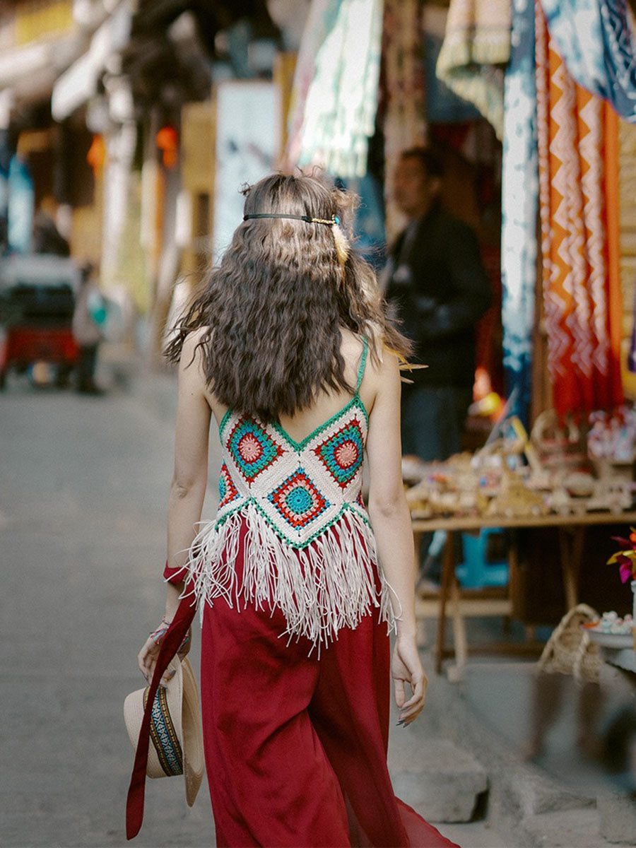 Onbely Bohemian Crochet Tank Top with Decorative Fringe for Vacation and Beach