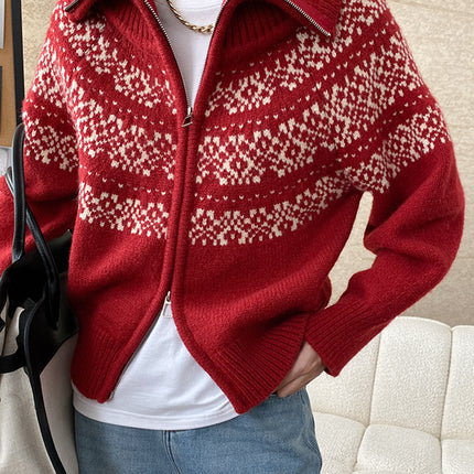 Onbely pull jacquard fermeture éclair pour femme vintage noël