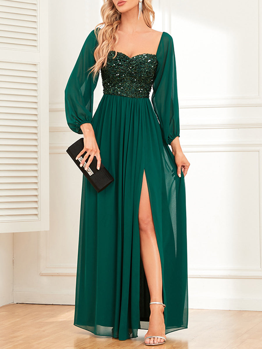 Onbely Robe de soirée maxi longue fendue sur le côté brillante avec paillettes pour un mariage femme cérémonie