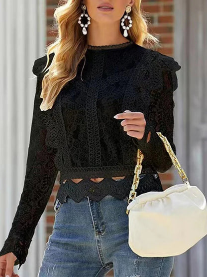 Onbely hauts broderie anglaise avec fermeture éclair col rond élégant femme