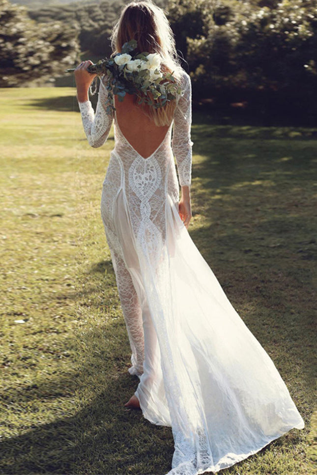 Onbely robe de mariée bohème longue et élégante en dentelle avec dos nu