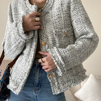 Onbely veste courte en tweed boutonnage avec poches col rond femme mode