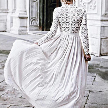 Onbely robe de soirée longue unicolore dentelle fendu le côté col rond manches longues froncée élégant bal de promo cérémonie