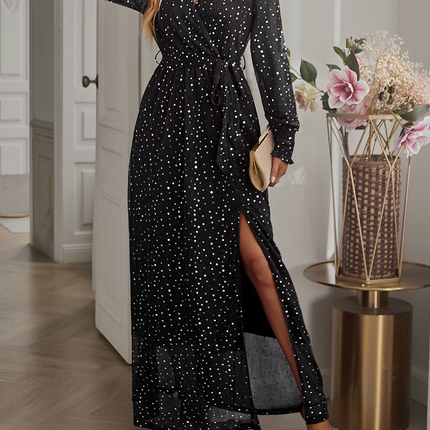 Onbely robe longue de soirée fendu le côté ceinture brillante paillette manches longues