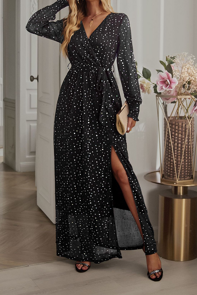 Onbely robe longue de soirée fendu le côté ceinture brillante paillette manches longues