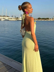 Onbely robe longue moulante fendue sur le côté dos nu col en V licou sans manches femme casual décontractée de plage