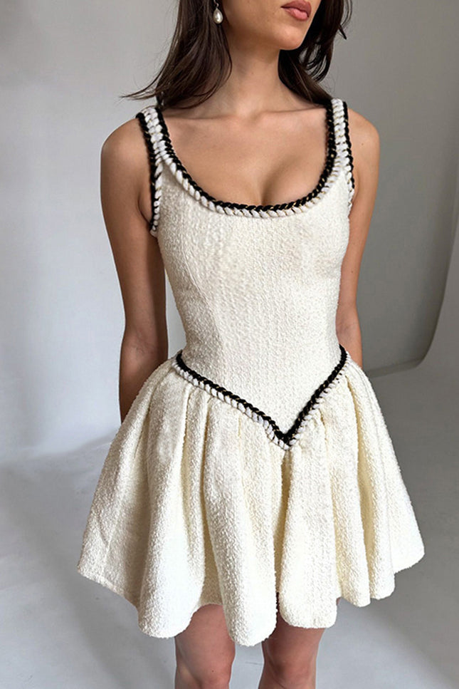 Onbely Robe vintage mini en tweed sans manches bouffante à taille haute