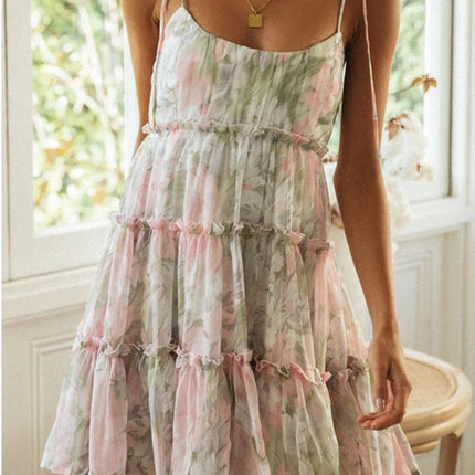 Onbely robe courte imprimé à fleurie à fines brides col carré doux tous les jours vacances boho dress