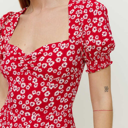 Onbely mi-longue robe imprimé à fleurie fendu le côté manches bouffantes vacances rouge