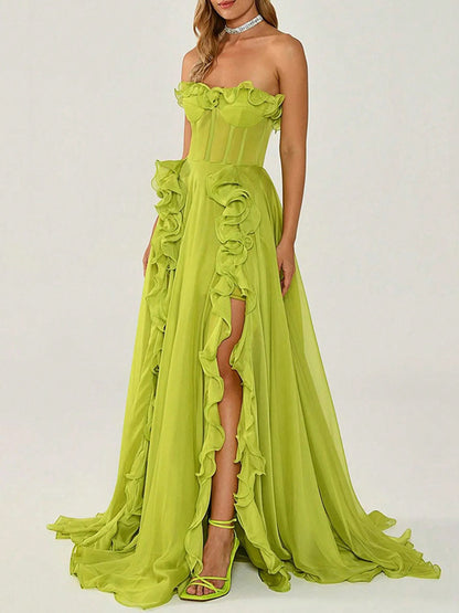 Onbely robe de soirée maxi longue fendue sur le côté à volants bustier vert pour un mariage femme cérémonie