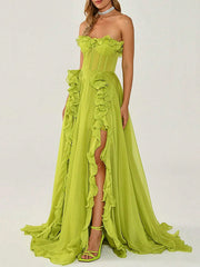 Onbely Green Strapless Ruffled Side Slit Maxi Long Evening Dress for Women Wedding Ceremony