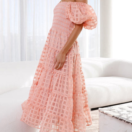 Onbely mi-longue robe carreaux col bateau manches bouffantes cocktail