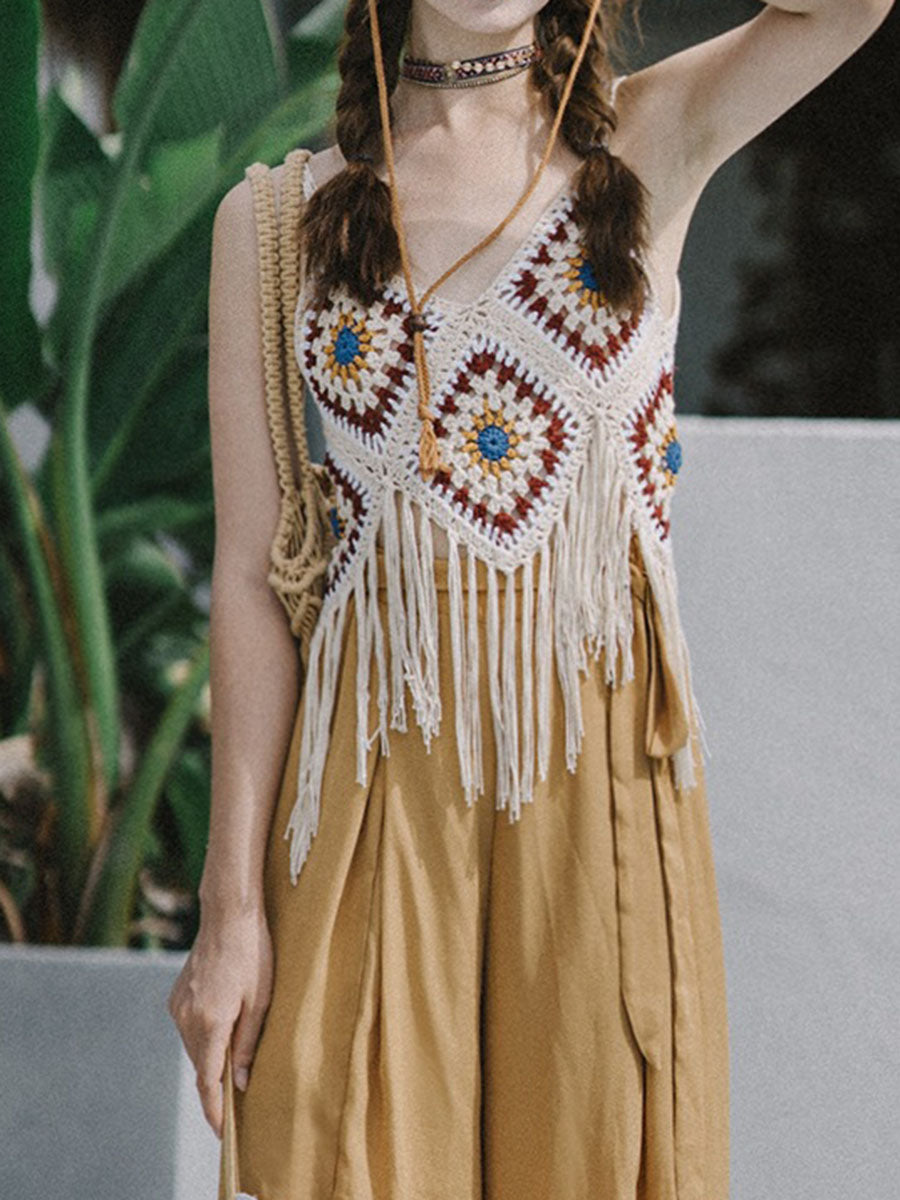 Onbely Bohemian Crochet Tank Top with Decorative Fringe for Vacation and Beach