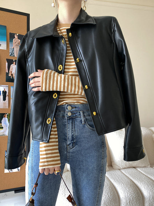 Onbely veste en cuir PU boutonnage femme mode noir