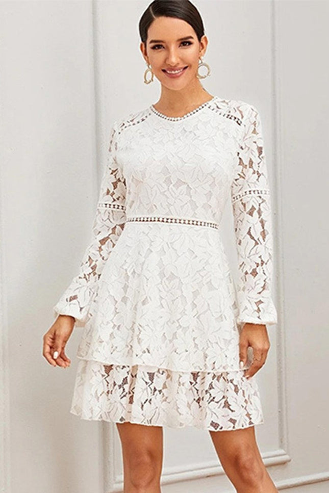 Onbely robe courte trapèze unicolore dentelle manches longues taille marquée élégant tous les jours bureau