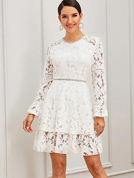 Onbely robe courte trapèze unicolore dentelle manches longues taille marquée élégant tous les jours bureau