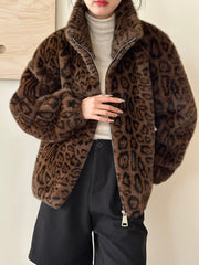 Onbely Women's Fashion Leopard Faux Fur Coat with Zipper