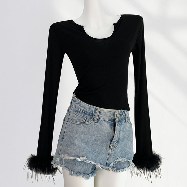 Onbely Haut Mode pour Femme avec Plumes et Manches Longues en Coton et Polyester