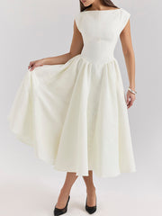 Onbely elegant white cocktail open back trapeze long dress