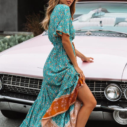 Onbely robe longue fleurs plissé col en V manches courtes bohème vacances plage boho dress