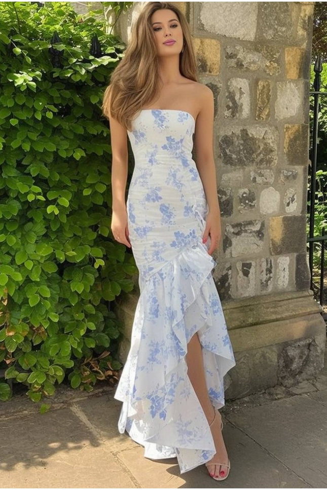 Onbely robe femme longue sirène bustier à volants fendue sur le côté sans manches élégante pour bal de promo