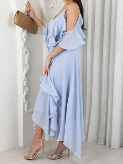 Onbely mi-longue robe irrégulière unicolore à fines brides col en V mode