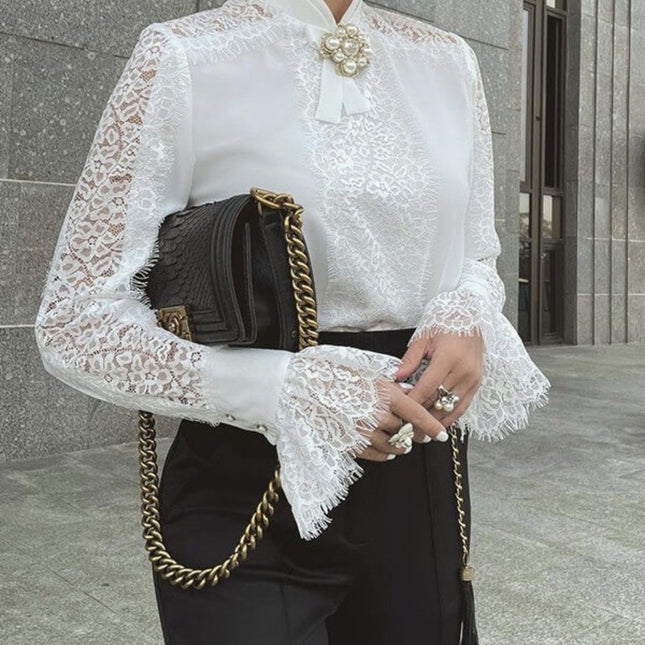 Onbely blouse dentelle transparent col montant femme élégant chemisier style tailleur