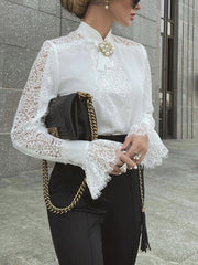 Onbely blouse dentelle transparent col montant femme élégant chemisier style tailleur