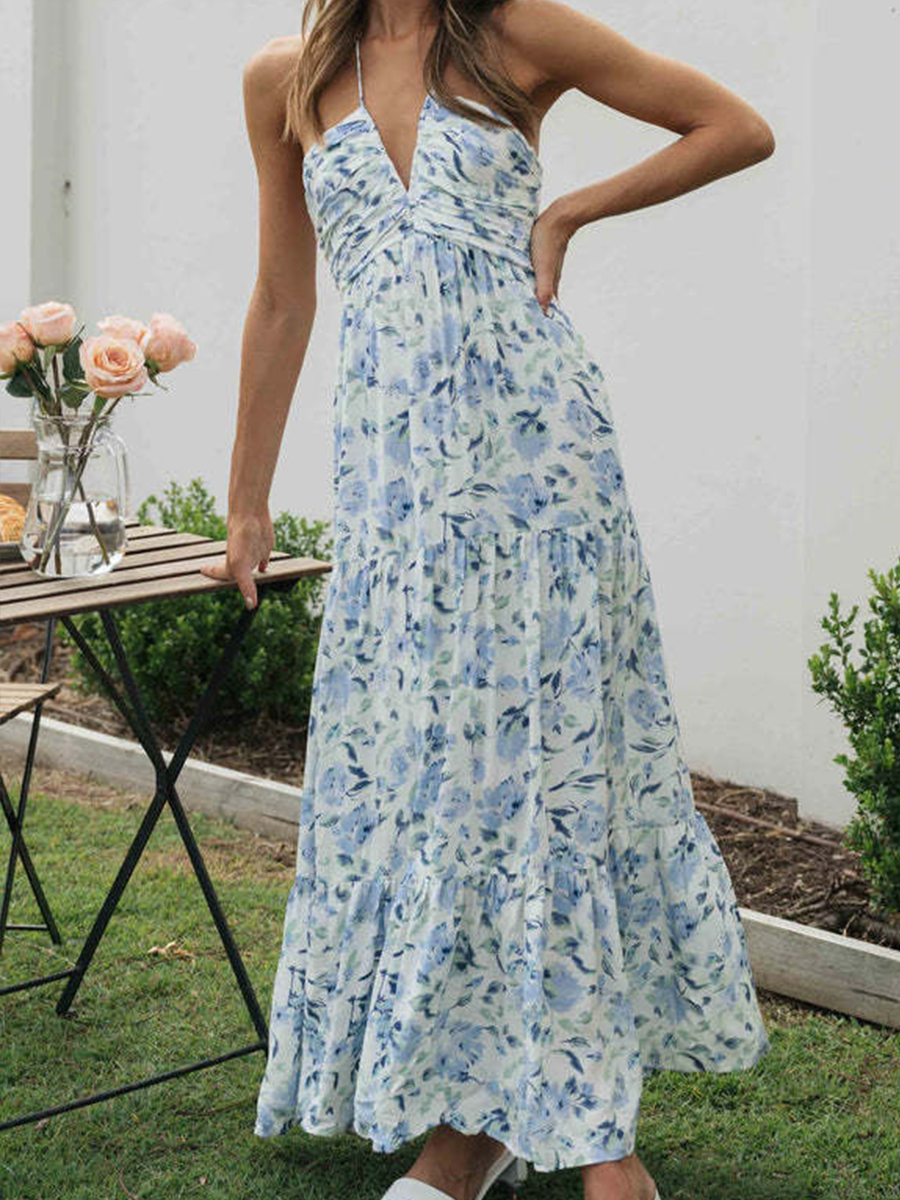 Onbely Robe longue mousseline imprimé à fleurie licou dos nu vacances