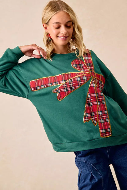 Sweat de Noël en polaire à ruban écossais et nœud décoratif