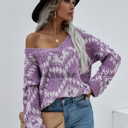 Onbely pull tissu tricoté col en V manches longues mode décontractée tous les jours bureau