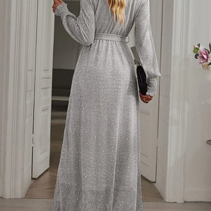 Onbely robe longue fendu le côté brillante paillette ceinture v-cou manches longues élégant de soirée pour mariage