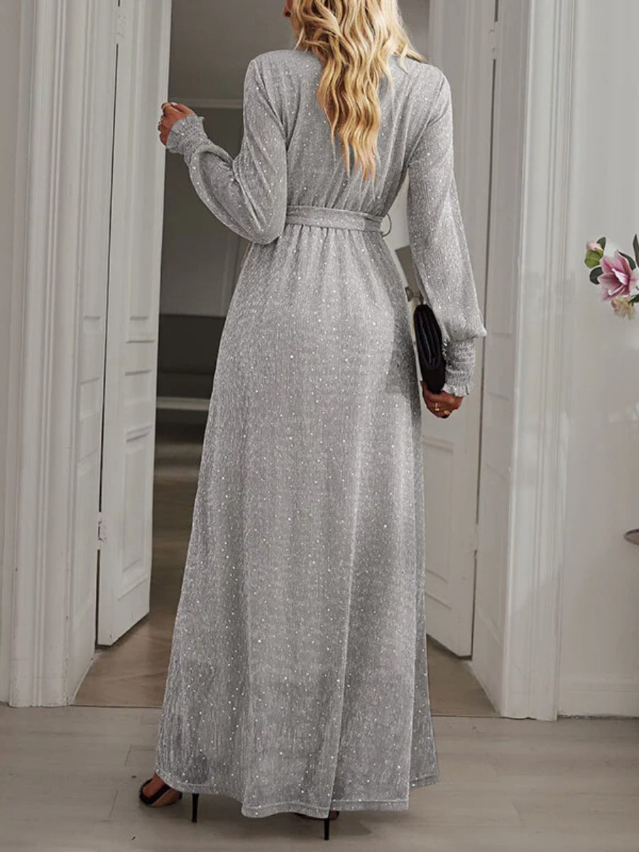 Onbely robe longue fendu le côté brillante paillette ceinture v-cou manches longues élégant de soirée pour mariage