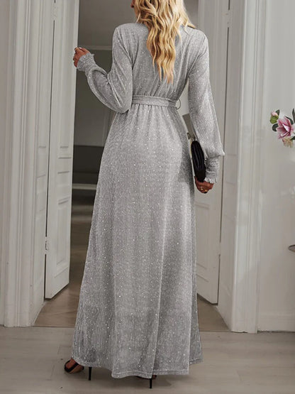Onbely robe longue fendu le côté brillante paillette ceinture v-cou manches longues élégant de soirée pour mariage