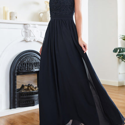 Onbely robe demoiselle d'honneur longue dentelle mousseline col rond élégant