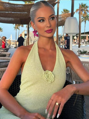 Onbely robe longue moulante fendue sur le côté dos nu col en V licou sans manches femme casual décontractée de plage