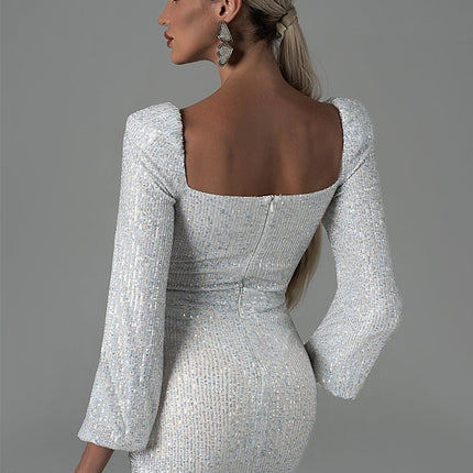 Onbely robe courte moulante unicolore brillante paillette dos nu col en V manches longues cintrée mode bal de promo tous les jours