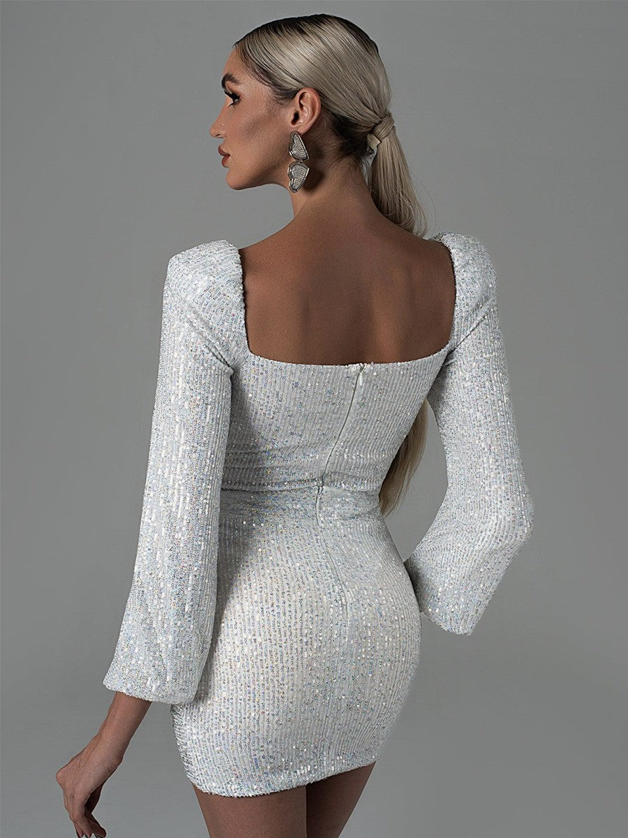 Onbely robe courte moulante unicolore brillante paillette dos nu col en V manches longues cintrée mode bal de promo tous les jours