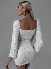 Onbely robe courte moulante unicolore brillante paillette dos nu col en V manches longues cintrée mode bal de promo tous les jours